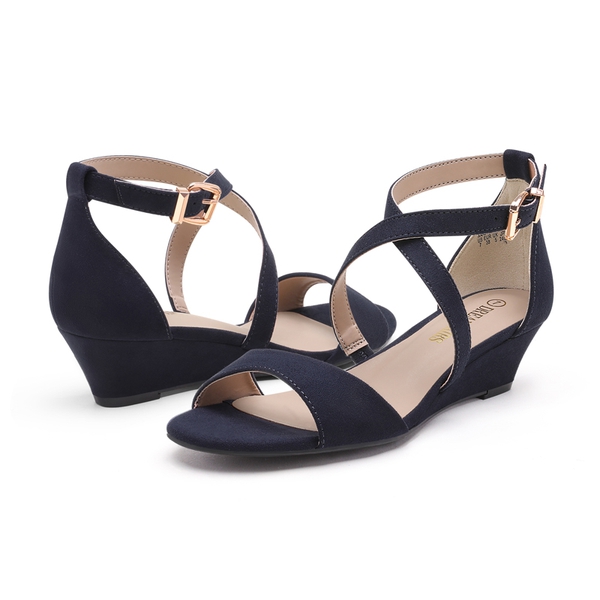 Open Toe Low Heel Wedge Sandals - NAVY SUEDE - 4